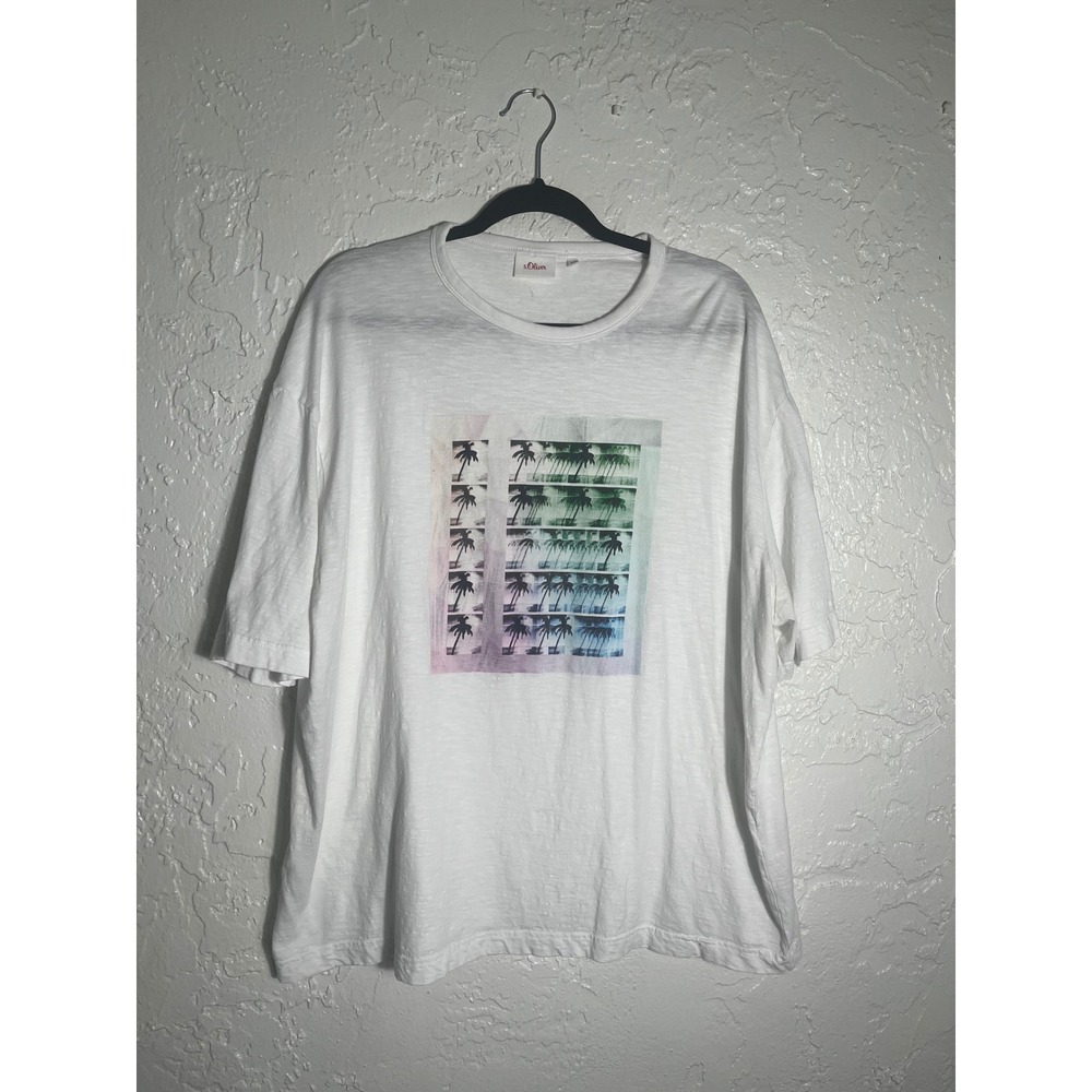 s.Oliver Palm Tree Graphic T-Shirt White 3XL Retro Tropical Photo Print